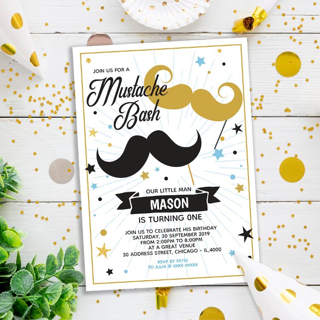 Mustache Bash Boy Födelsedagsfest Faux Glitter Inbjudningar (Skapare uppladdad)