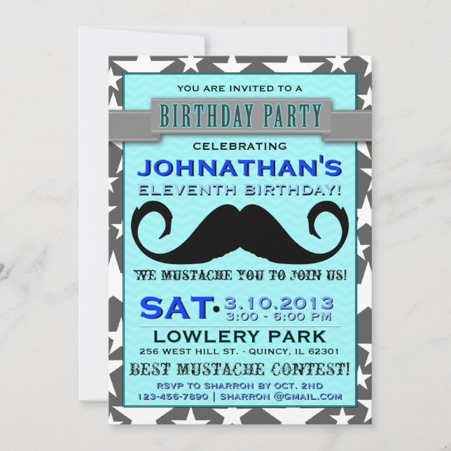 Mustache Bash Chevron Födelsedagsfest inbjudan (Framsida)