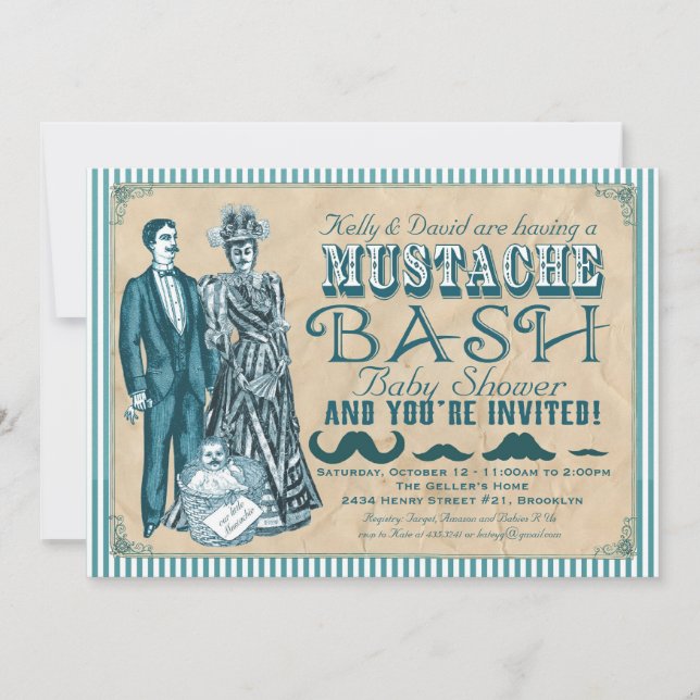 Mustache Bash Par Baby Shower - blått och vitt Inbjudningar (Framsida)
