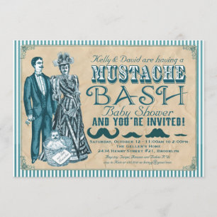 Mustache Bash Par Baby Shower - blått och vitt Inbjudningar