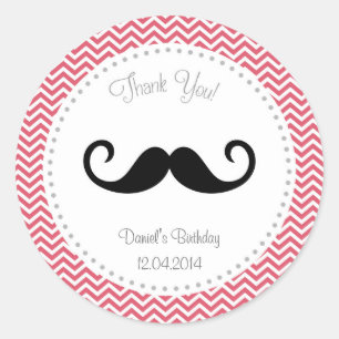 Mustache Birthday Sticker Chevron Runt Klistermärke