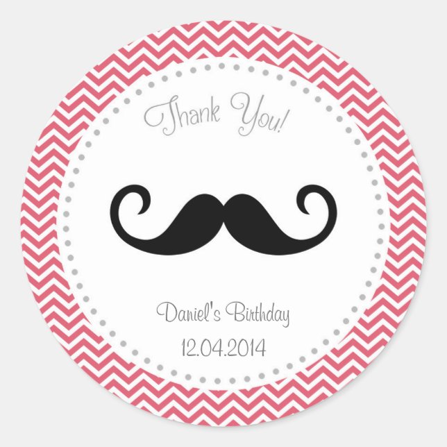 Mustache Birthday Sticker Chevron Runt Klistermärke (Framsida)