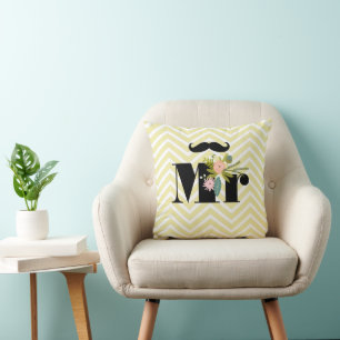 Mustache Blek Gult White Teal Zig Zag Kudde