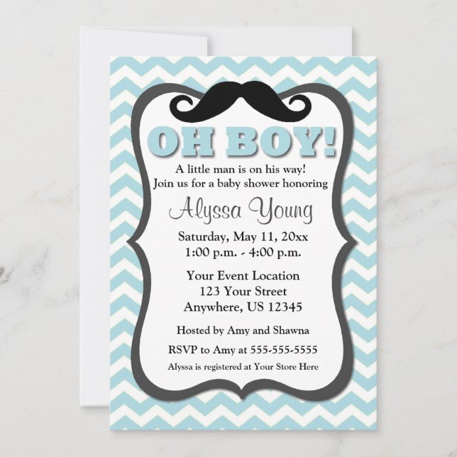 Mustache Blue Chevron Baby Shower Inbjudan (Framsida)