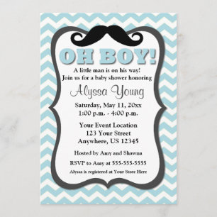 Mustache Blue Chevron Baby Shower Inbjudan