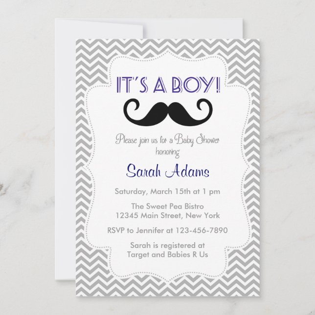 Mustache Boy Baby Shower Inbjudan Grått Chevron (Framsida)