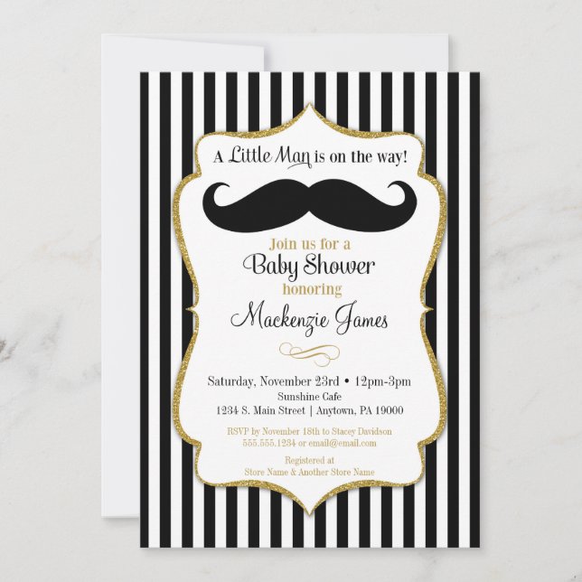 Mustache Boy Shower-inbjudan Black Guld Inbjudningar (Framsida)