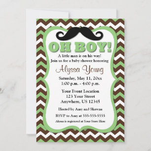 Mustache Brown Grönt Chevron Baby Shower Inbjudan