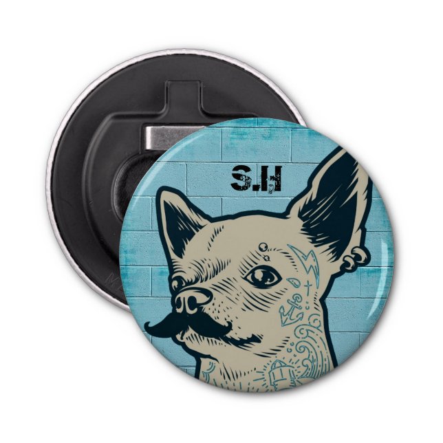 Mustache Chihuahua Graffiti Monogram Flasköppnare (Framsidan)