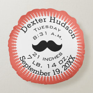 Mustache Coral Orange Anpassa födelseregister Rund Kudde