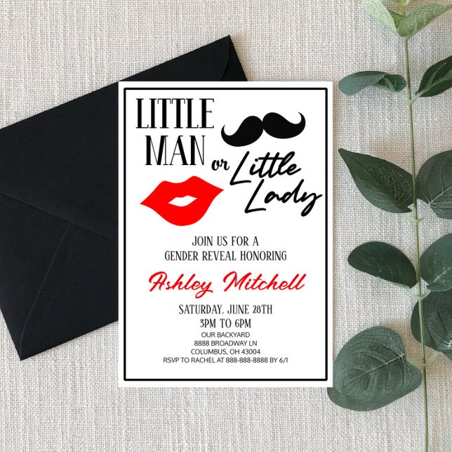 Mustache eller Lipstick Dam eller Man Gender Revea Inbjudningar (Skapare uppladdad)