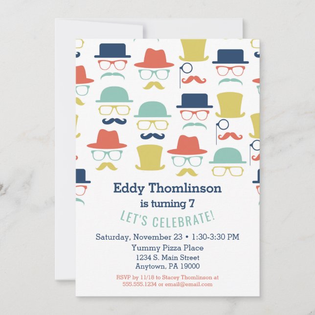 Mustache Hats Birthday Investigation Hip Manar Boy Inbjudningar (Framsida)