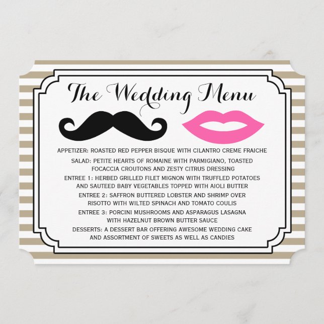 Mustache & Läppar Bröllop Menu Meny (Framsida)