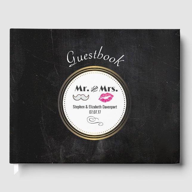 Mustache & Läppar, Mr. & Mrs Black & Guld Bröllop Gästböcker (Framsida)
