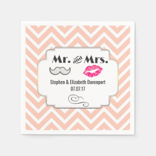 Mustache & Läppar Mr. & Mrs Peach Chevron Bröllop Pappersservett