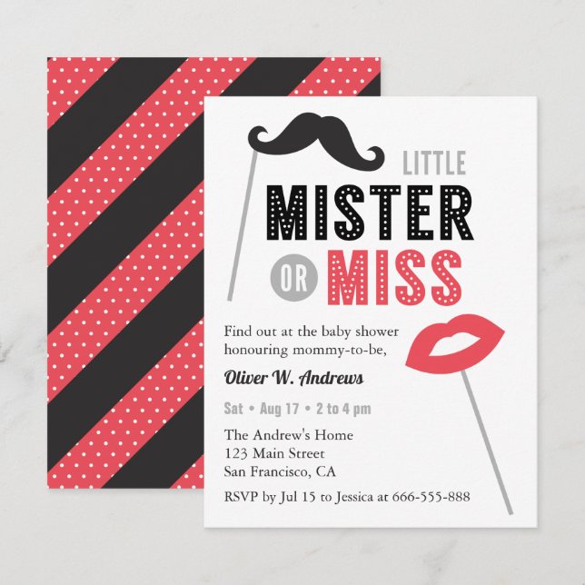 Mustache Läppar Props Gender Reveal Baby Shower Inbjudningar (Fram/baksida)
