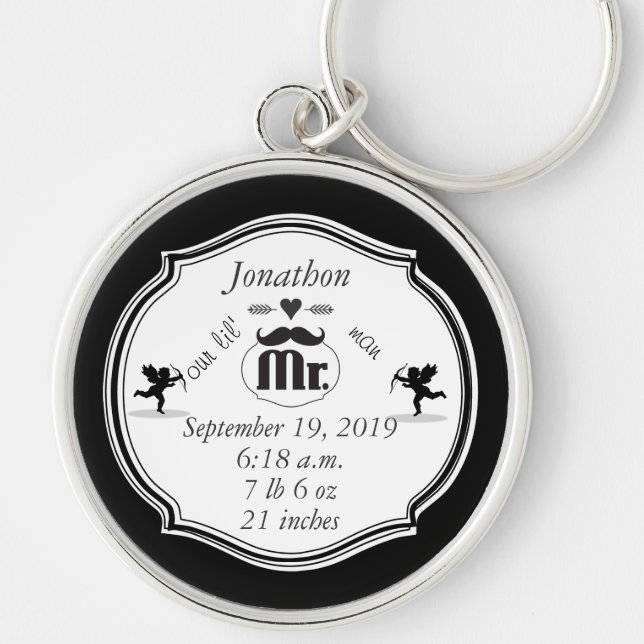 Mustache Lil Man Pojke Stats Rund Silverfärgad Nyckelring (Framsidan)