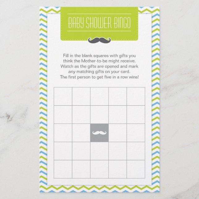 Mustache/Little Man Baby Shower Bingo Game Card Brevpapper (Framsida)