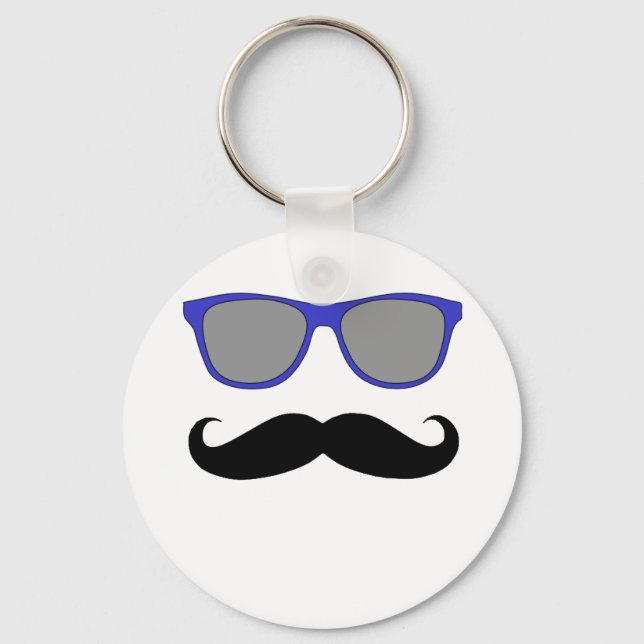 Mustache och Blue Sunglasses Humor Nyckelring (Framsida)