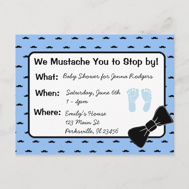 Mustache och Bow tie Baby Shower-inbjudan Inbjudan Vykort (Framsida)