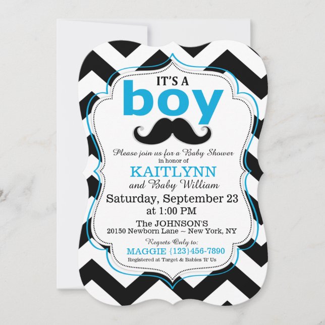 Mustache och Chevron Print Boy Baby Shower Inbjudn Inbjudningar (Framsida)