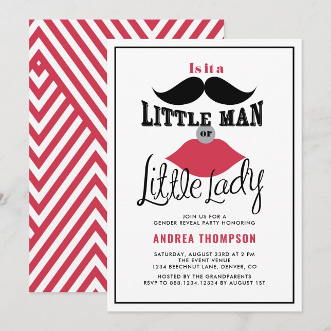 Mustache och Läppar Retro Gender Reveal Baby Showe Inbjudningar (Fram/baksida)