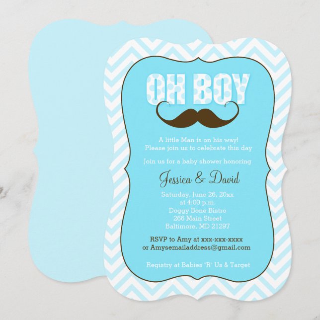 Mustache Oh Boy Little Man Baby Shower Inbjudan (Fram/baksida)