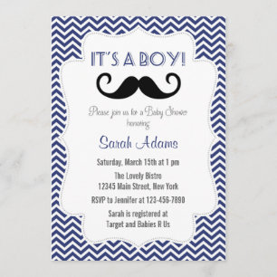 Mustache Party Baby Shower-inbjudan, marinblått Inbjudningar