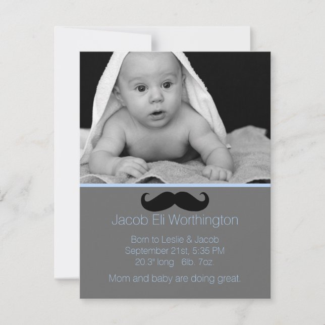 Mustache Pojke Birth Notice Meddelande (Framsida)