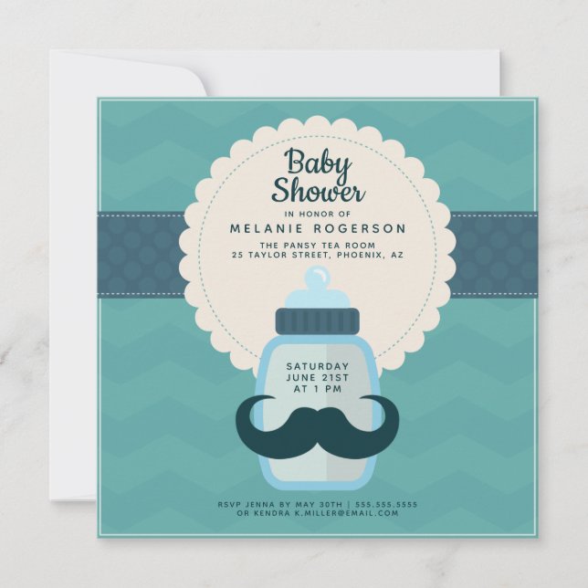 Mustache Polka Dot Teal Baby Shower Inbjudningar (Framsida)