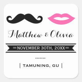 Mustache & Rosa Läppar Wedding Stickers Fyrkantigt Klistermärke