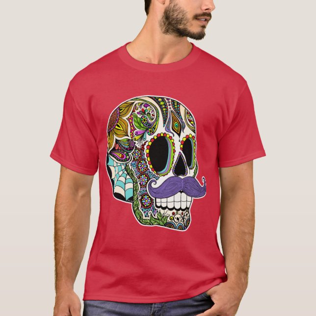 Mustache Sugar Skull Color Version T Shirt (Framsida)