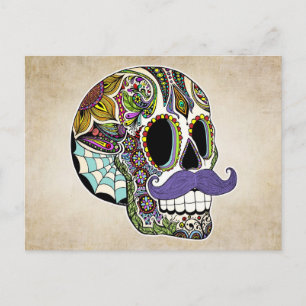 Mustache Sugar Skull Färg vykort
