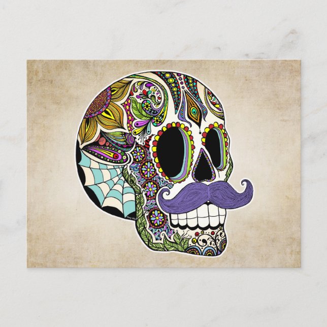 Mustache Sugar Skull Färg vykort (Framsida)