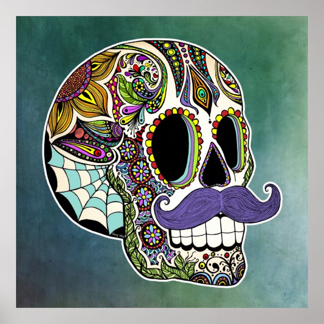 Mustache Sugar Skull Poster - Texturerad bakgrund (Framsidan)