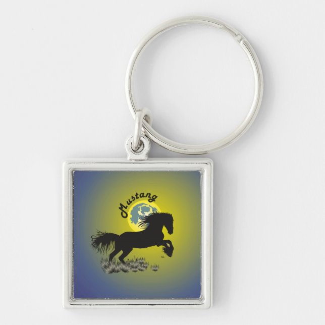 Mustang für Pferdeliebhaber Schlüsselanhänger Fyrkantig Silverfärgad Nyckelring (Framsidan)