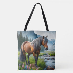 Mustang-häst-ström och berg-totebag tygkasse
