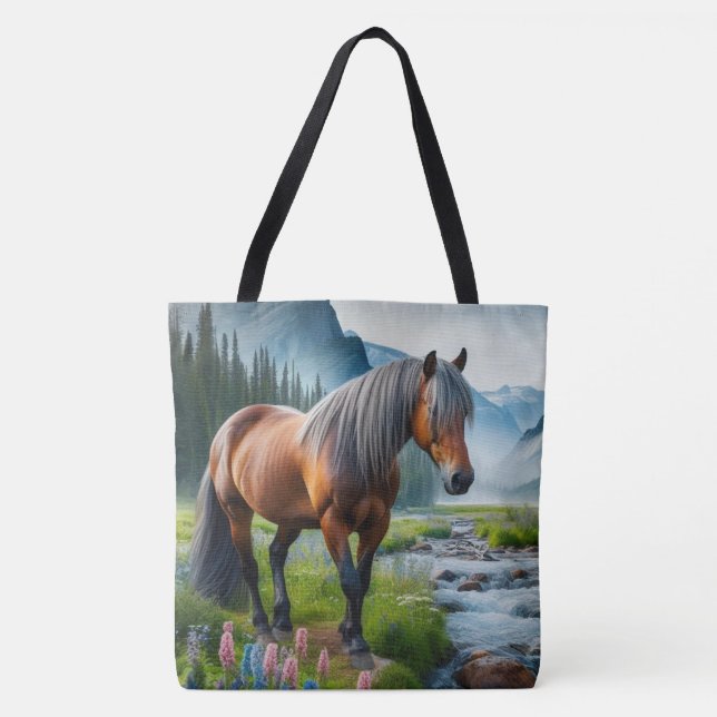 Mustang-häst-ström och berg-totebag tygkasse (Framsida)