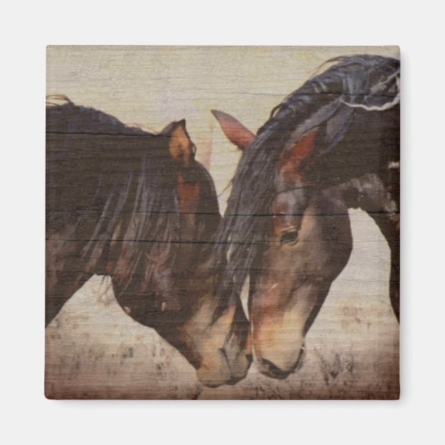 Mustang Horse Wooden Grunge-utseende Magnet (Framsidan)