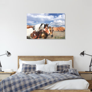 Mustang Horses i vilden, Stallion och hans Mare. Canvastryck