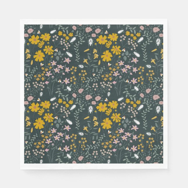 Mustard Blommigt Beetles & Bees Bohemian Wildblomm Pappersservett (Framsidan)