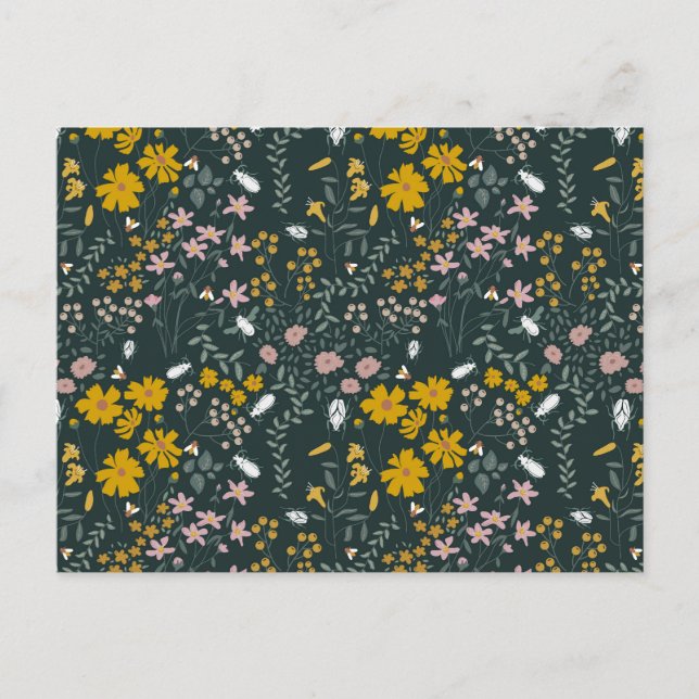 Mustard Blommigt Beetles & Bees Bohemian Wildblomm Vykort (Framsida)