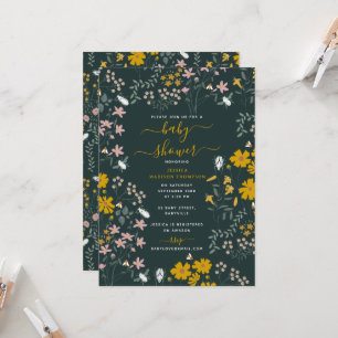 Mustard Blommigt Bohemian WildblomBaby Shower Inbjudningar