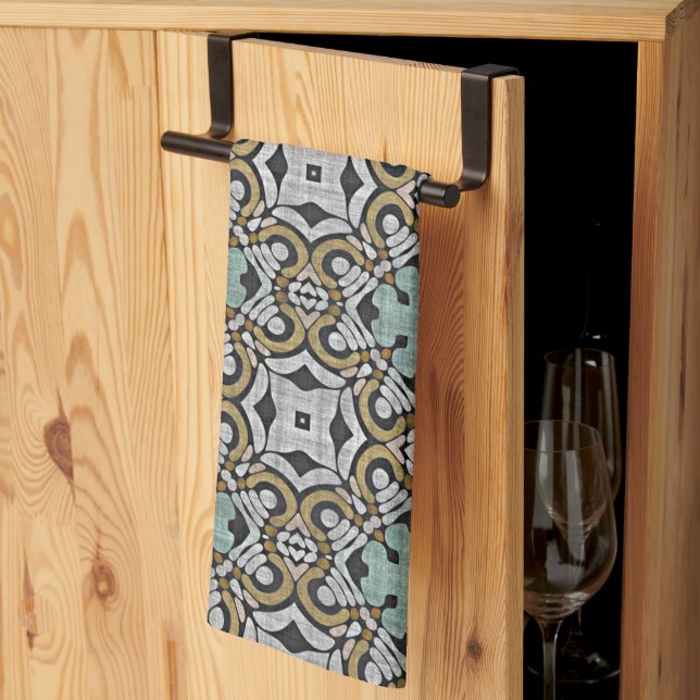 Mustard Brown Teal Grönt Grått Black Tribe Art Kökshandduk (Thirds Fold)