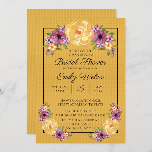 Mustard Gult Blommigt Möhippa Inbjudan (Fram/baksida)