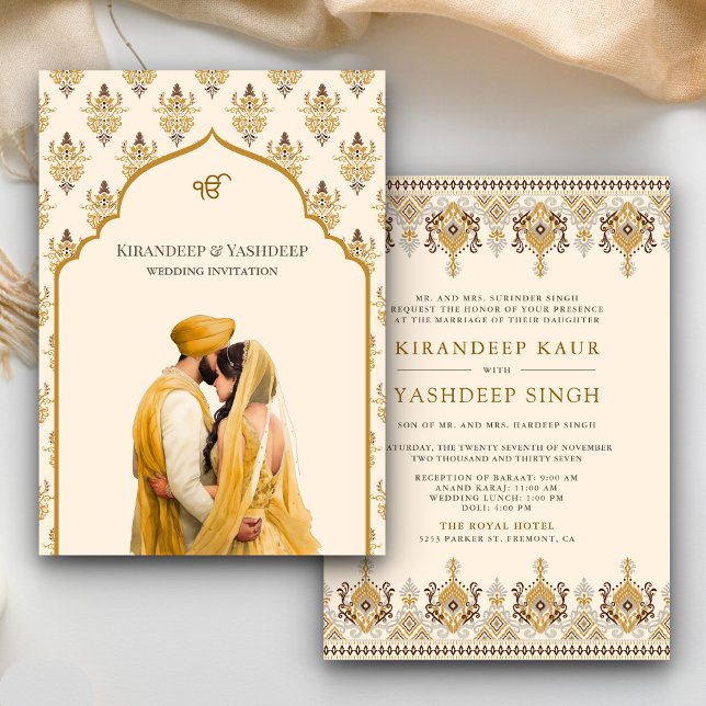 Mustard Gult Cream Ikat Anand Karaj Sikh Bröllop Inbjudningar (Skapare uppladdad)