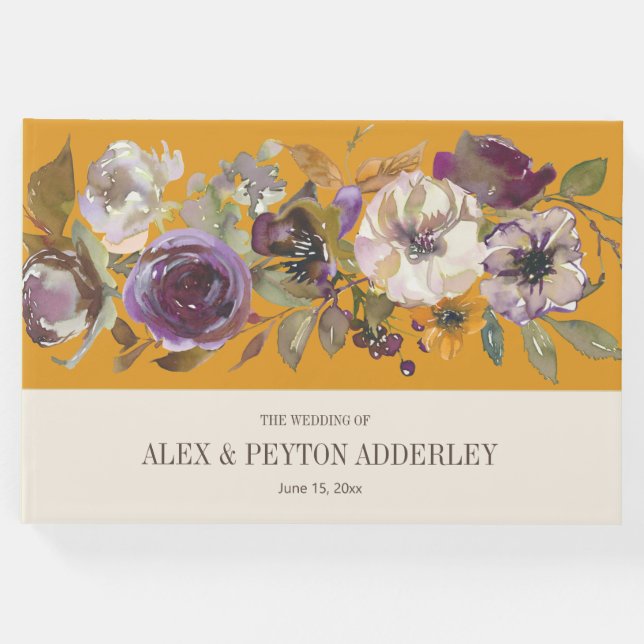 Mustard Gult Cream Lila Blommigt Bröllop Gästböcker (Framsida)