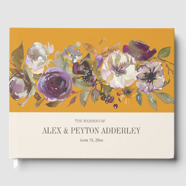 Mustard Gult Cream Lila Blommigt Bröllop Gästböcker (Framsida)