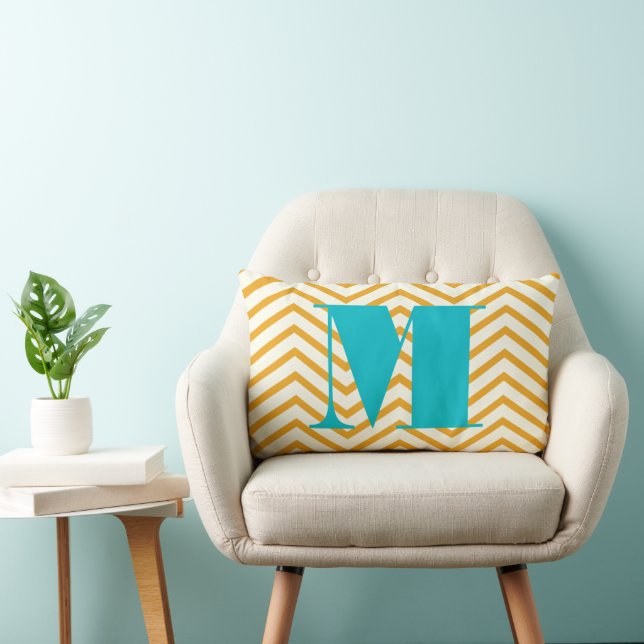 Mustard Gult Ivory och Aqua Monogram Zig Zag Lumbarkudde (Stol)