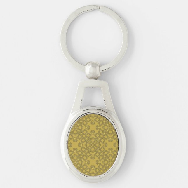 Mustard Gult Mönster Ovalt Silverfärgad Nyckelring (Framsidan)